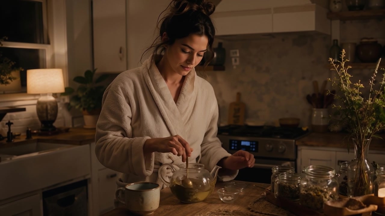 Giovane donna in un accogliente accappatoio che prepara una tisana in una teiera di vetro in una cucina calda di notte.
