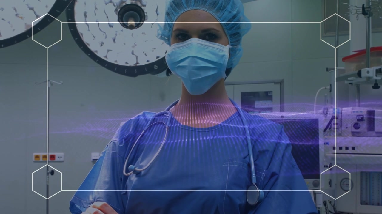Animation of frame and purple wave over caucasian female surgeon in operating theatre