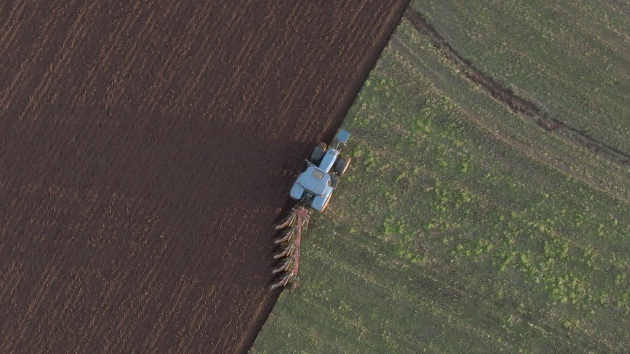 Vista aerea di un trattore agricolo che ara un campo ad Aberdeenshire in una giornata di sole, Scozia