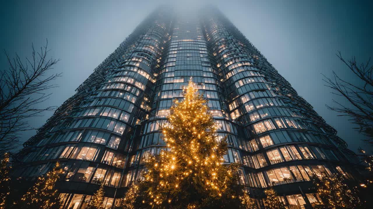 A Majestic Skyscraper Illuminated by Holiday Lights Amidst a Foggy Night, Featuring a Christmas Tree Sparkling with Warm Glow, Creating a Festive Atmosphere