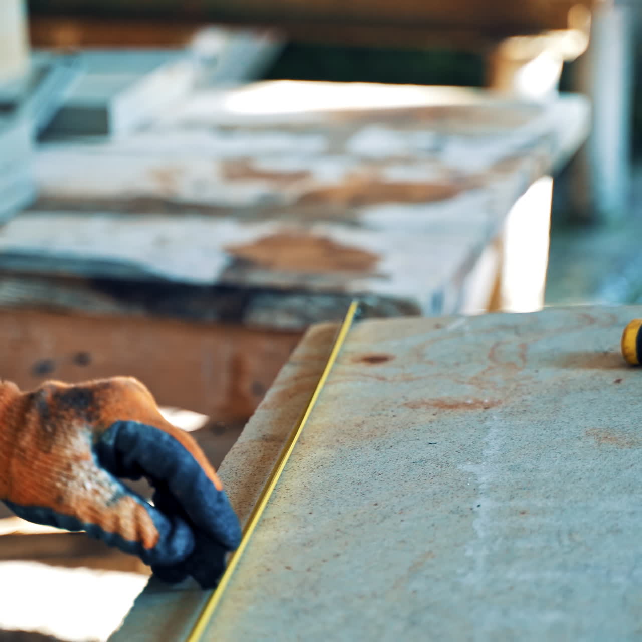 Worker in special uniform measures the stone slabs in factory. Man with the tape measure ticks off by marker on a slab in manufacture.