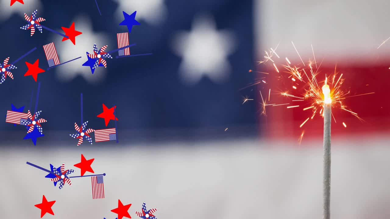 Animation of stars, flags and sparkler over american flag