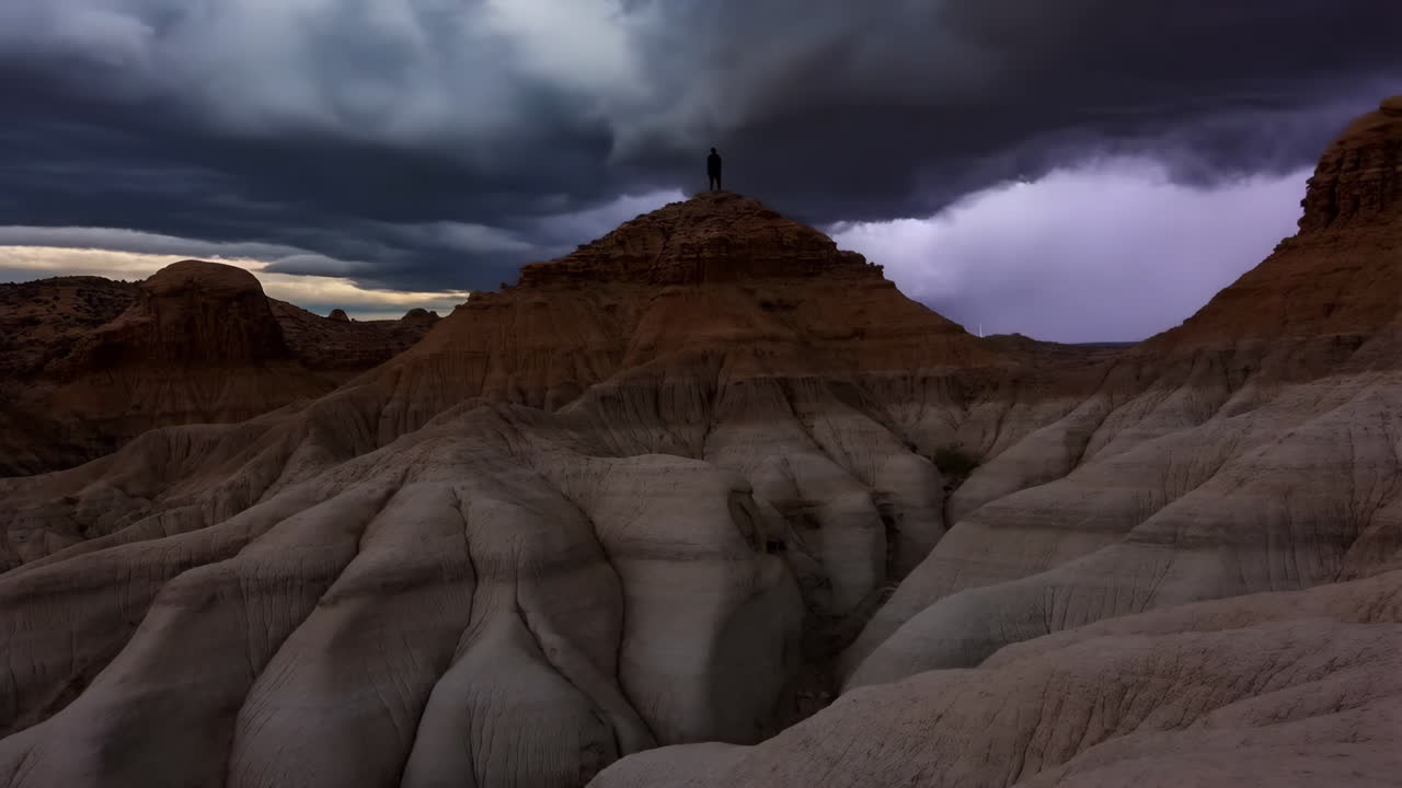 Man silhouetted on desert hills beneath a stormy sky