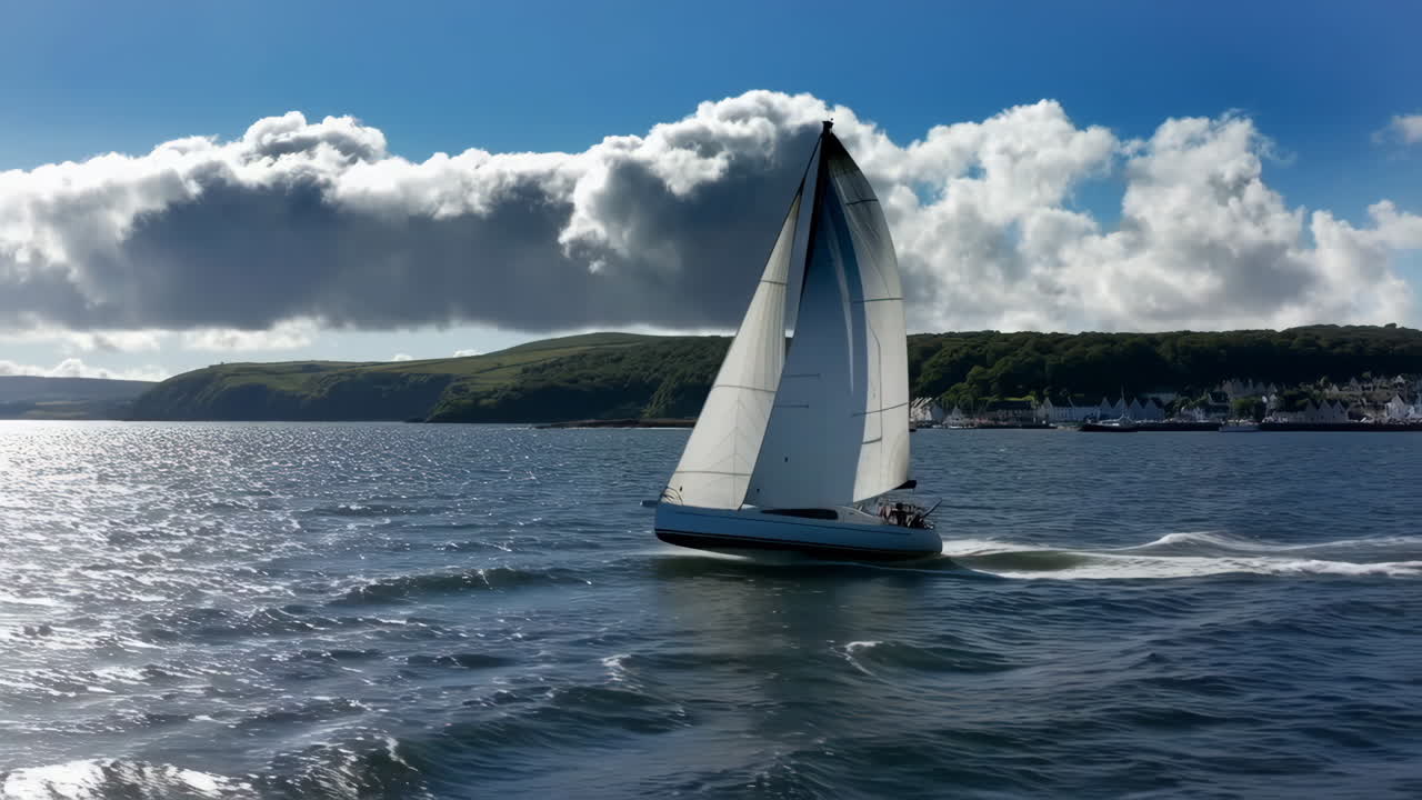 A sailboat cruising on a scenic bay under a cloudy sky