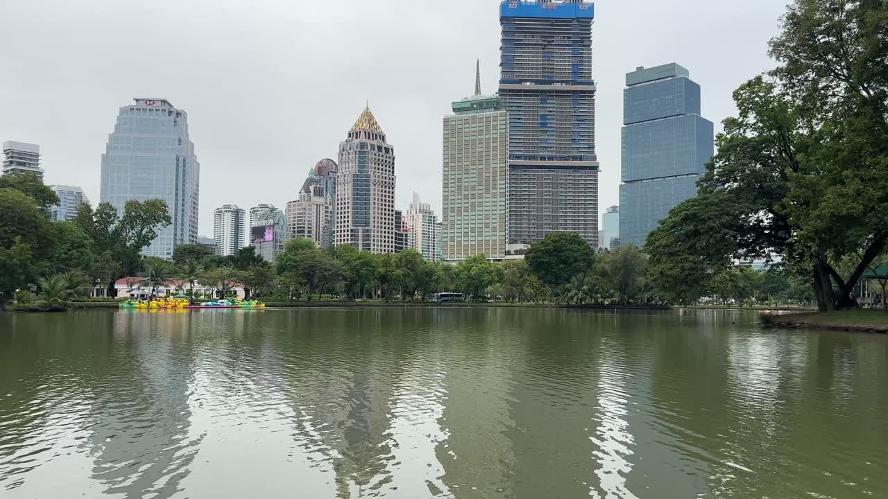 Lumphini Park Bangkok Thailand – City Park with Lake and Bangkok Skyscraper Skyline, Urban Nature Landscape