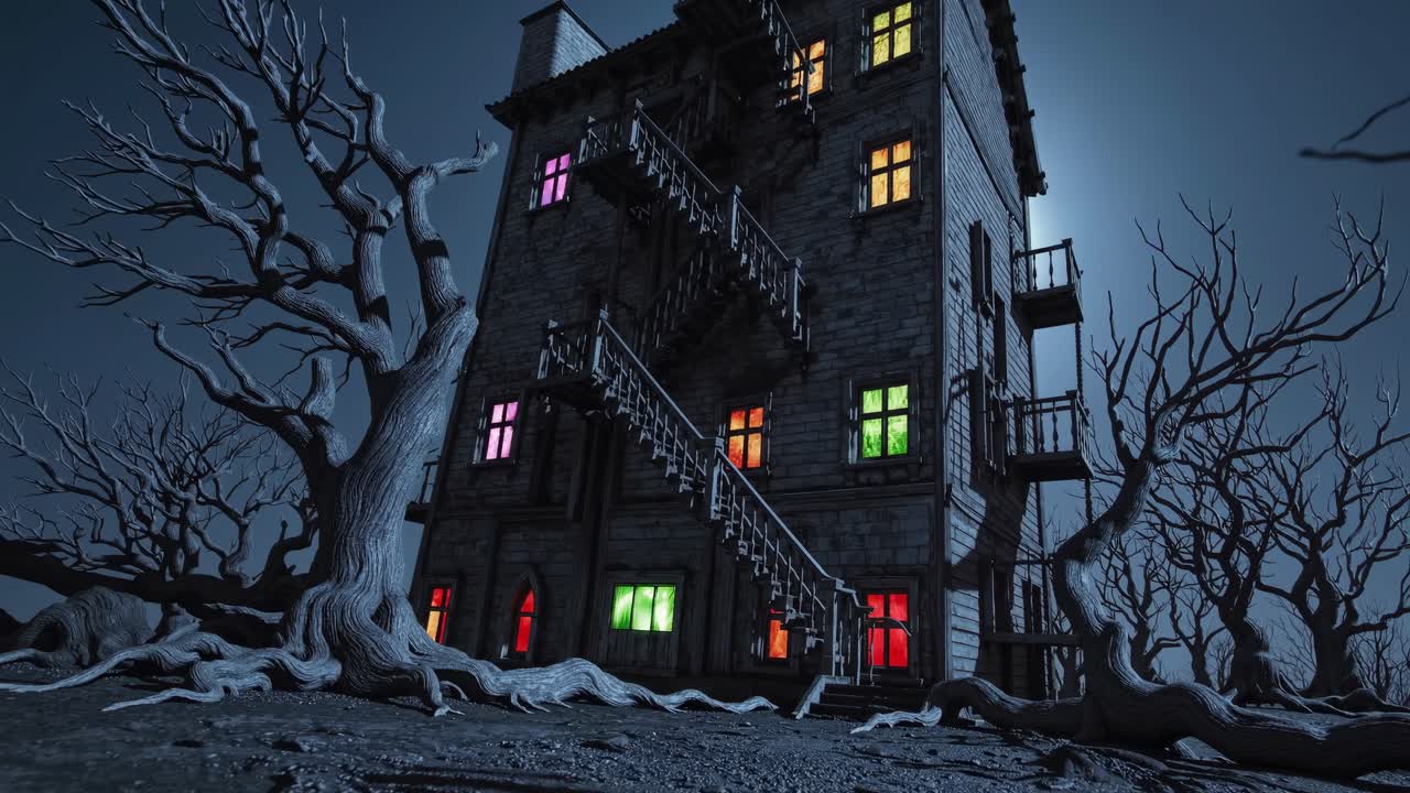 Eerie haunted house stands tall against the night sky, its colorful windows glowing ominously amidst the twisted branches of bare, spooky trees, creating a chilling and suspenseful atmosphere