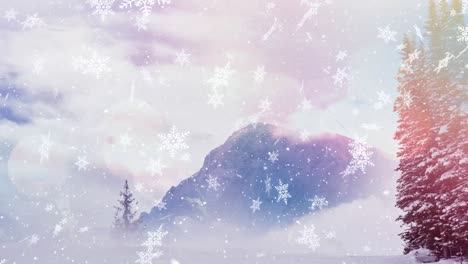 digital animation of spots of light against snowflakes falling on winter landscape with mountains an