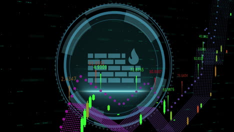 animación de gráficos sobre texto de seguridad cibernética en el icono de escudo y cortafuegos contra números cambiantes