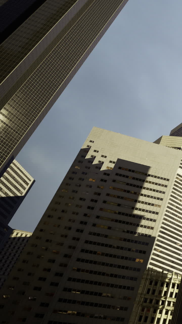 Torres urbanas se erguem contra um céu sombrio com sombras em cascata dançando abaixo.