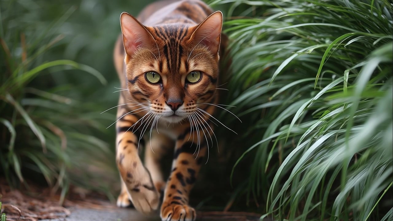 Bellissimo gatto del Bengala che avanza sull'erba verde, guardando attentamente la fotocamera.