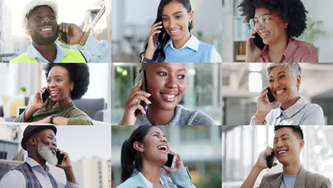 collage, people and phone call for talk