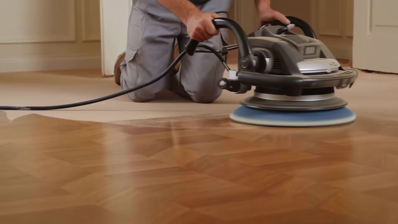 Low-angle scene shows kneeling operator guiding electric floor buffer with blue foam pad across varnished parquet hardwood, producing glossy reflections, smooth finish, and careful indoor maintenance