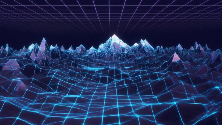 Paesaggio digitale in stile Retro Synthwave con griglia luminosa e montagne