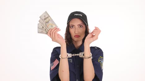female police officer handcuffed with money