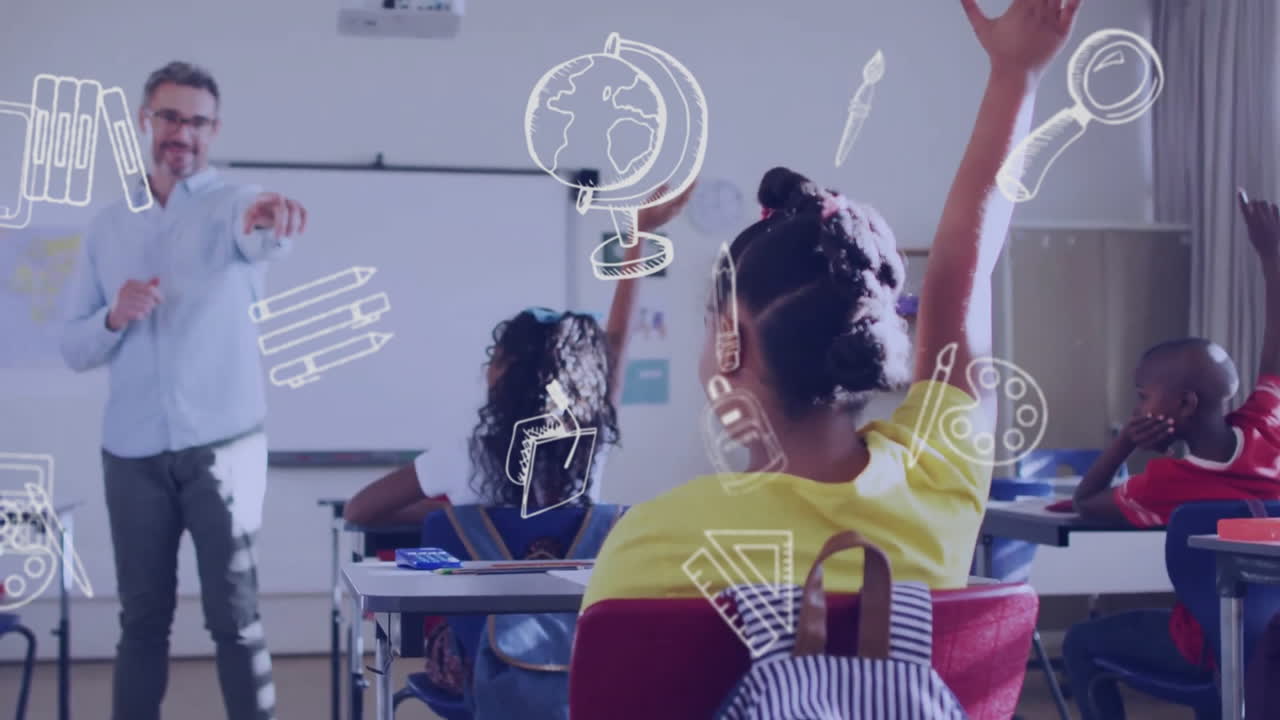 animación de iconos escolares sobre diversos maestros masculinos y escolares en el aula
