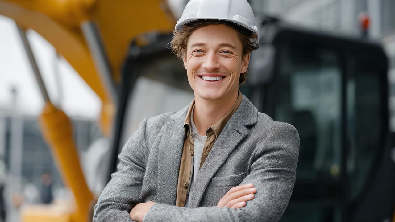 Confident construction worker smiling proudly on site, donning a safety helmet and stylish gray jacket, showcasing professionalism and enthusiasm for his work environment