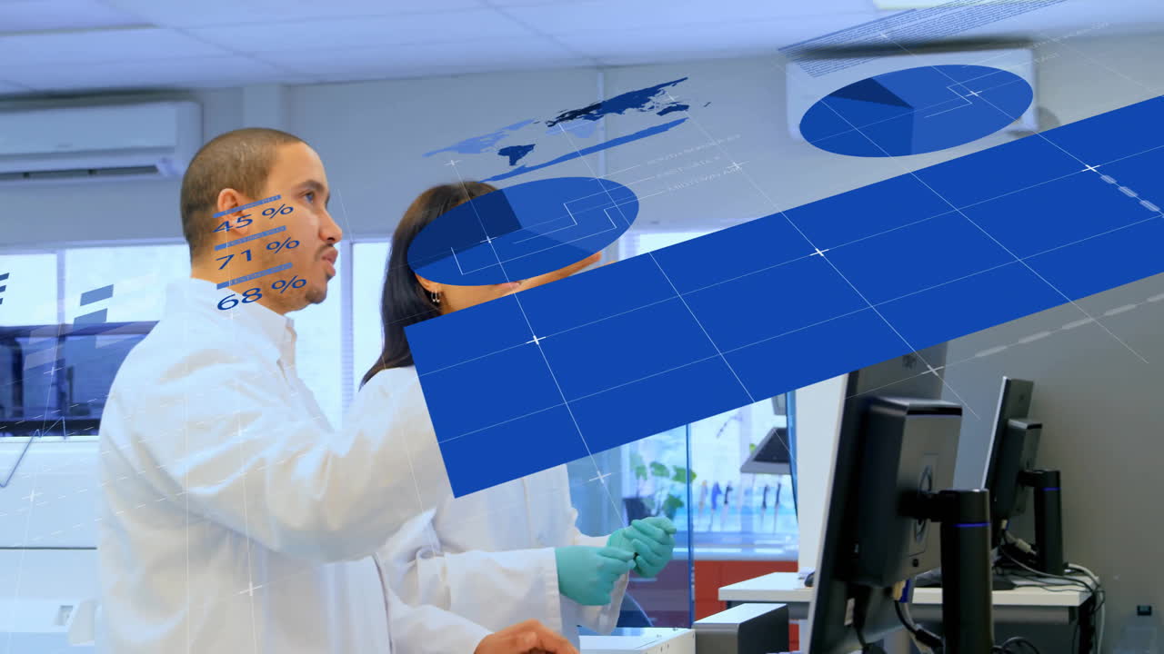 Analyzing data with graphs and charts overlay, scientists working in laboratory