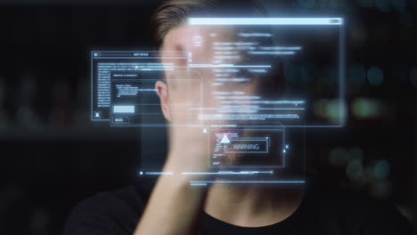 man reading text hologram looking for futuristic touchscreen information closeup