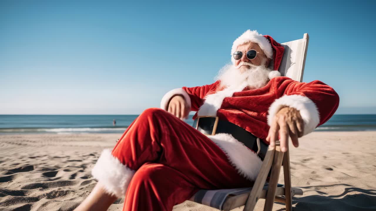 Santa relaxes on a beach chair, wearing sunglasses. Captured from a low angle, this video conveys