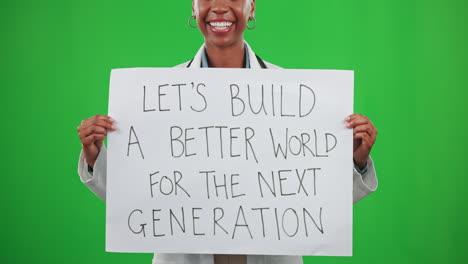 happy, doctor and a black woman with a sign