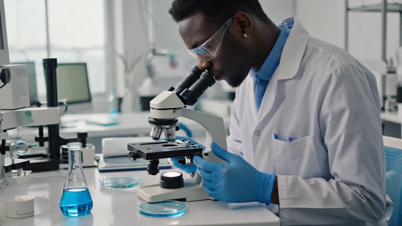 A scientist examines samples using a microscope in a laboratory