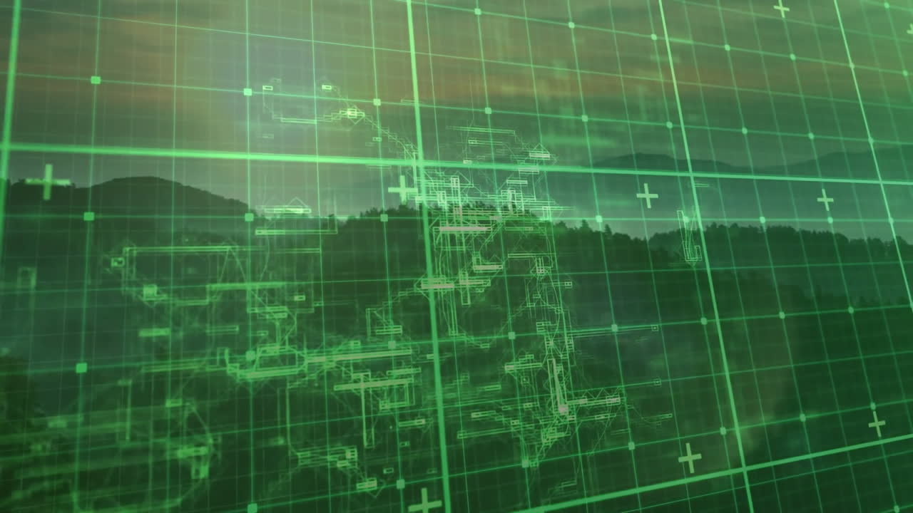 Green digital HUD overlay displaying grid and crosshair markers across mountain silhouette backdrop