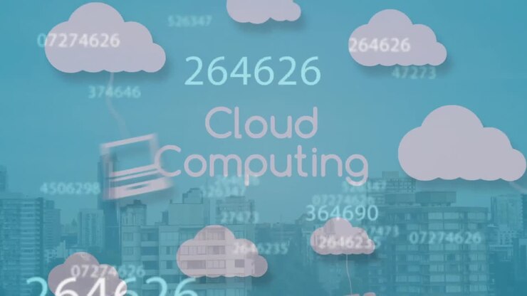 Animation of cloud computing text, with cloud and media icons and data processing, on blue