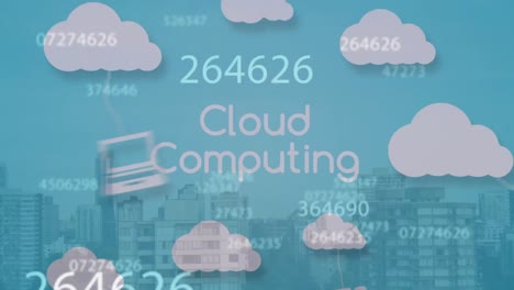 Animation-of-cloud-computing-text,-with-cloud-and-media-icons-and-data-processing,-on-blue