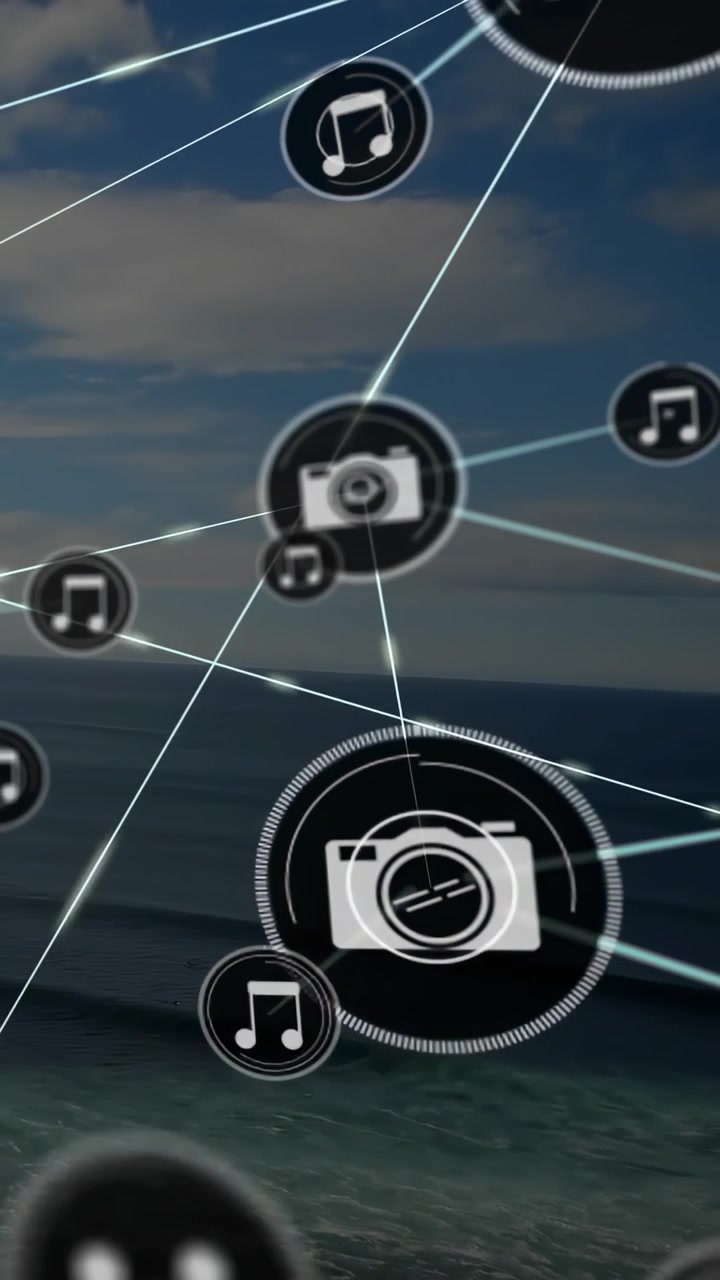 Vertical video: Popping UI node sparking camera and music nodes scaling over sea for tech