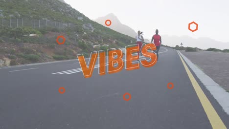 animation of the word vibes in orange over couple exercising running on mountain road