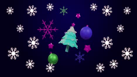 animación de decoraciones navideñas con copos de nieve en fondo púrpura