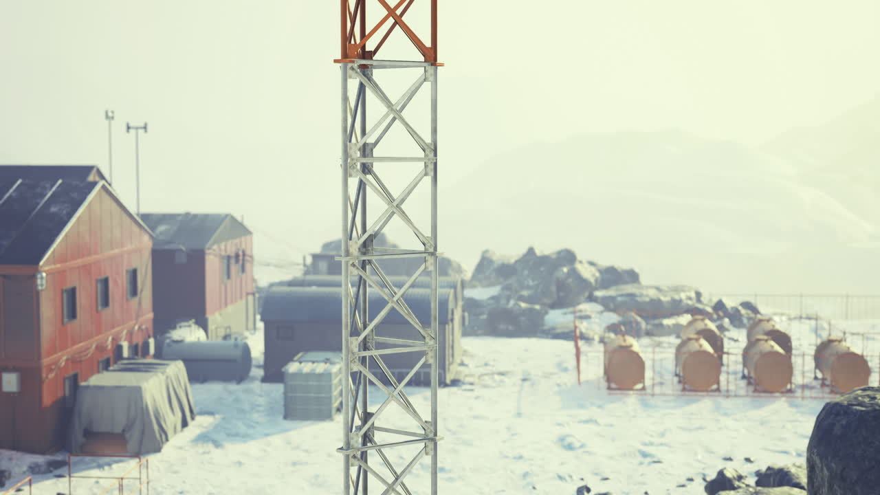 Exploring an icy research station with towering communication structure