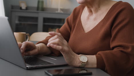 Mujer-Caucásica-Enfocada-Escribiendo-En-La-Computadora-Portátil-Sentada-En-El-Escritorio-En-Casa