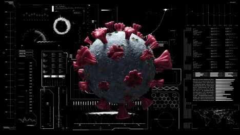 animación digital de la célula de covid-19 a través de la interfaz digital con procesamiento de datos en fondo negro