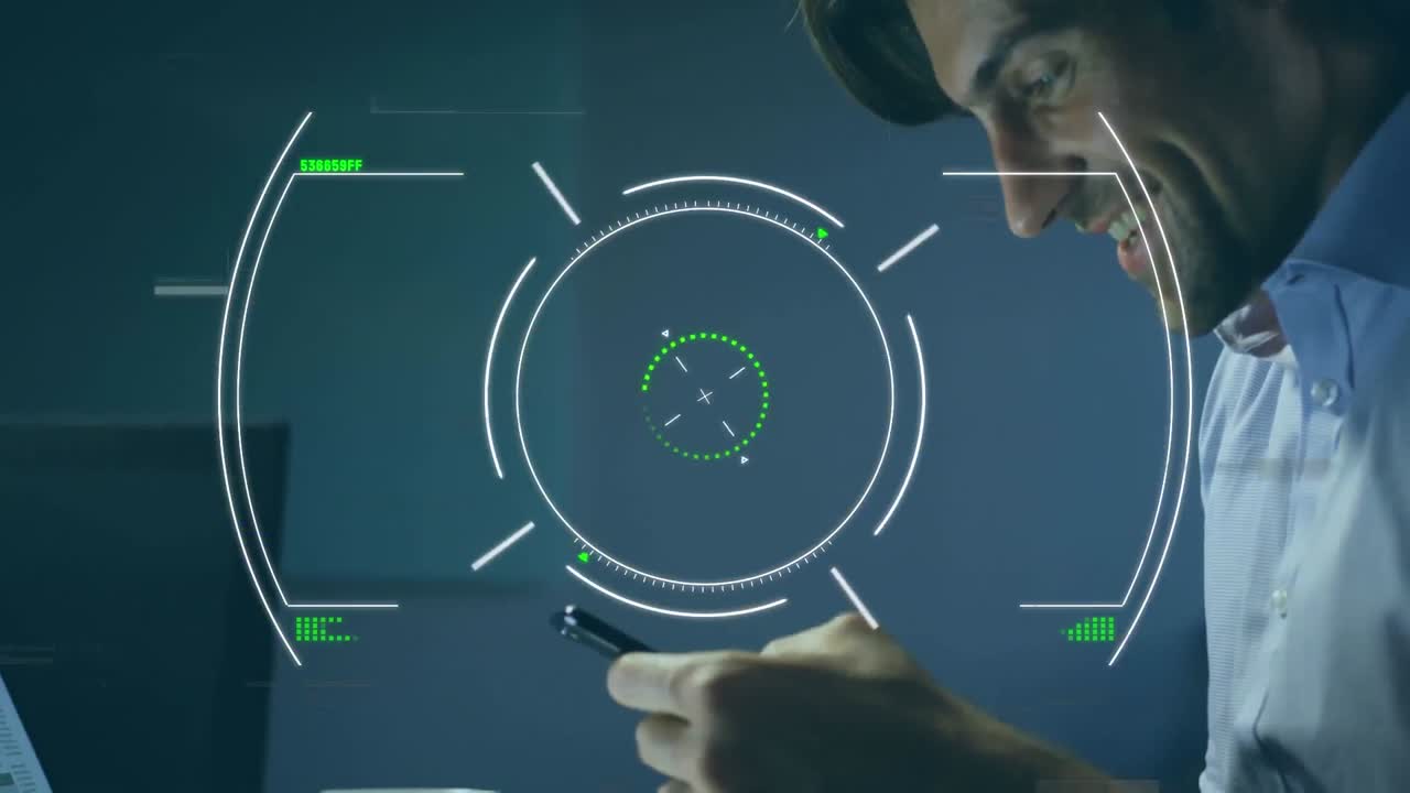 Animation of scope scanning and data processing over woman using smartphone