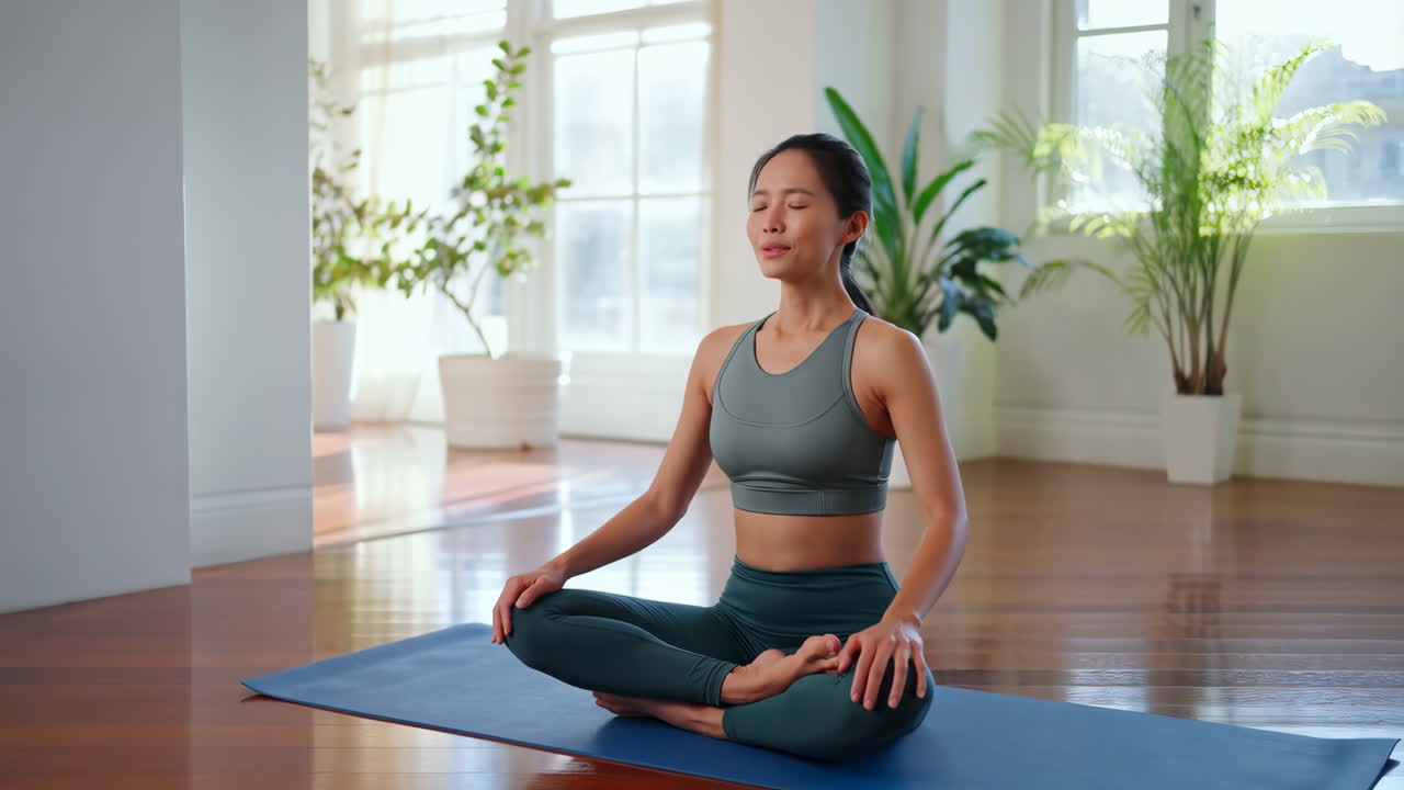 A woman meditating in a serene yoga pose on a mat indoors
