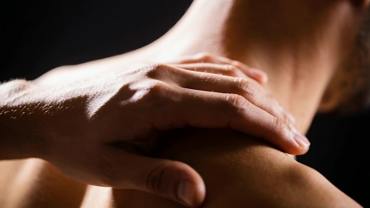 Doigts se posant, main d'un praticien massant et pressant le haut du dos d'un homme torse nu pour soulager les tensions cervicales.