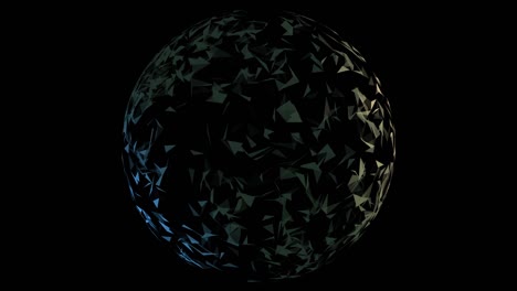 abstract globe with polygonal geometric surface looking like cracked glass particles or crystals over black background.