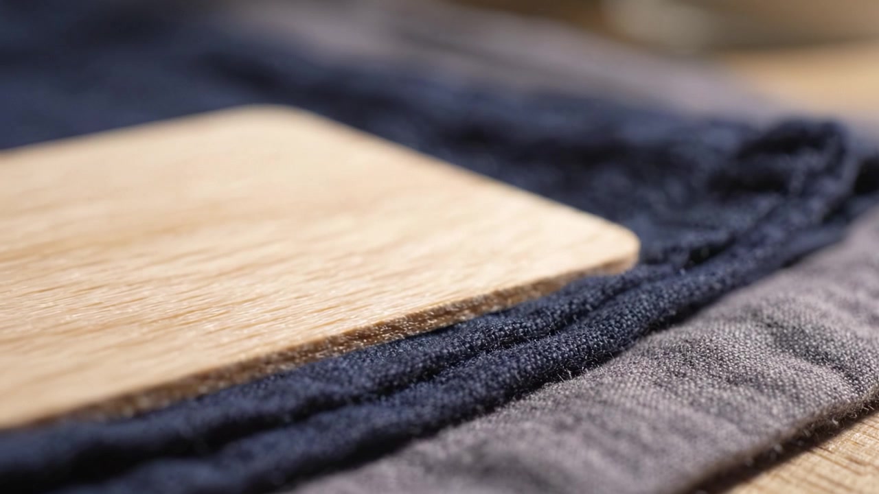 Detail texturovaných látek a dřevěného povrchu ukazující přírodní materiály a barevný kontrast v útulném prostředí, ideální pro inspiraci bytového designu.