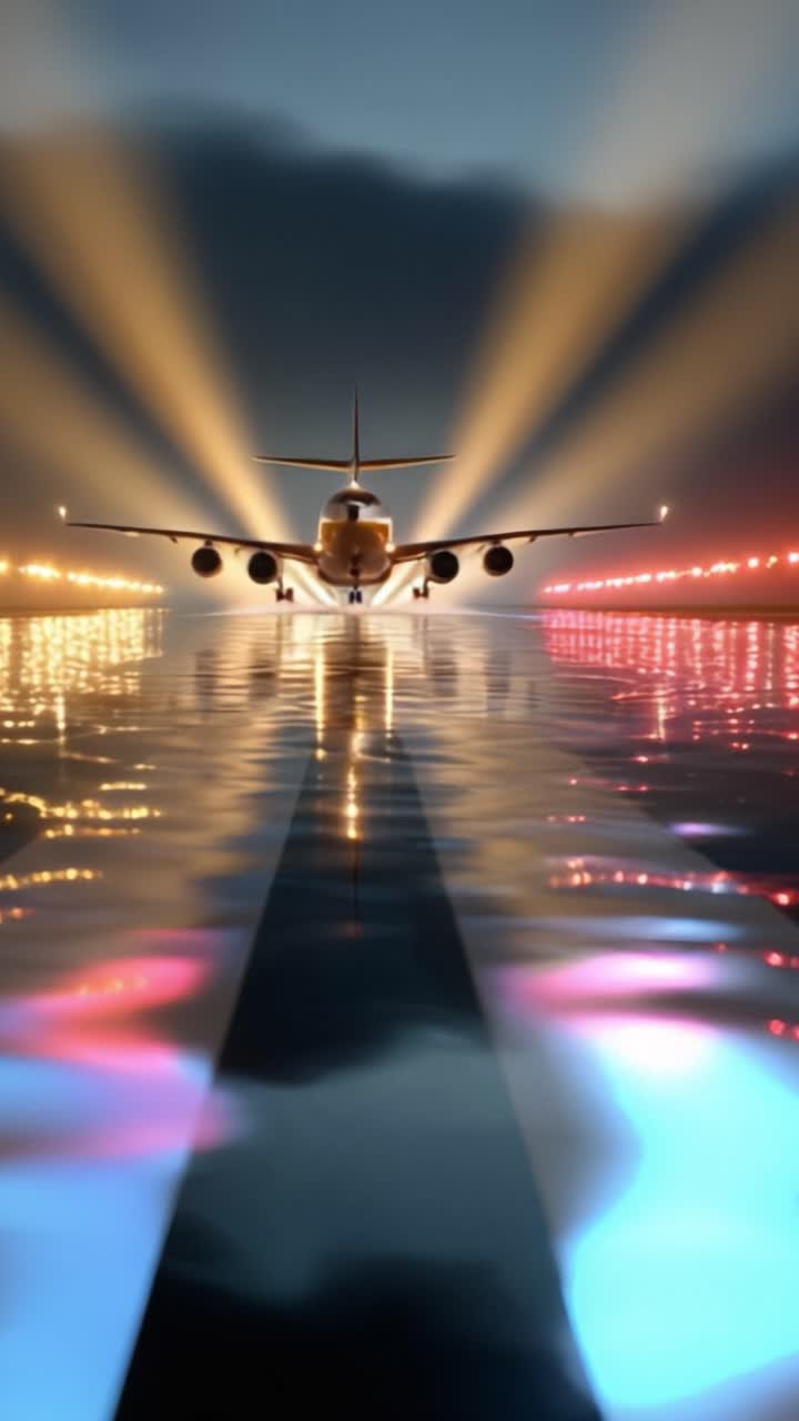 Aereo illuminato che si prepara al decollo su acque calme con vivaci riflessi di luci, creando una scena visiva mozzafiato di notte.