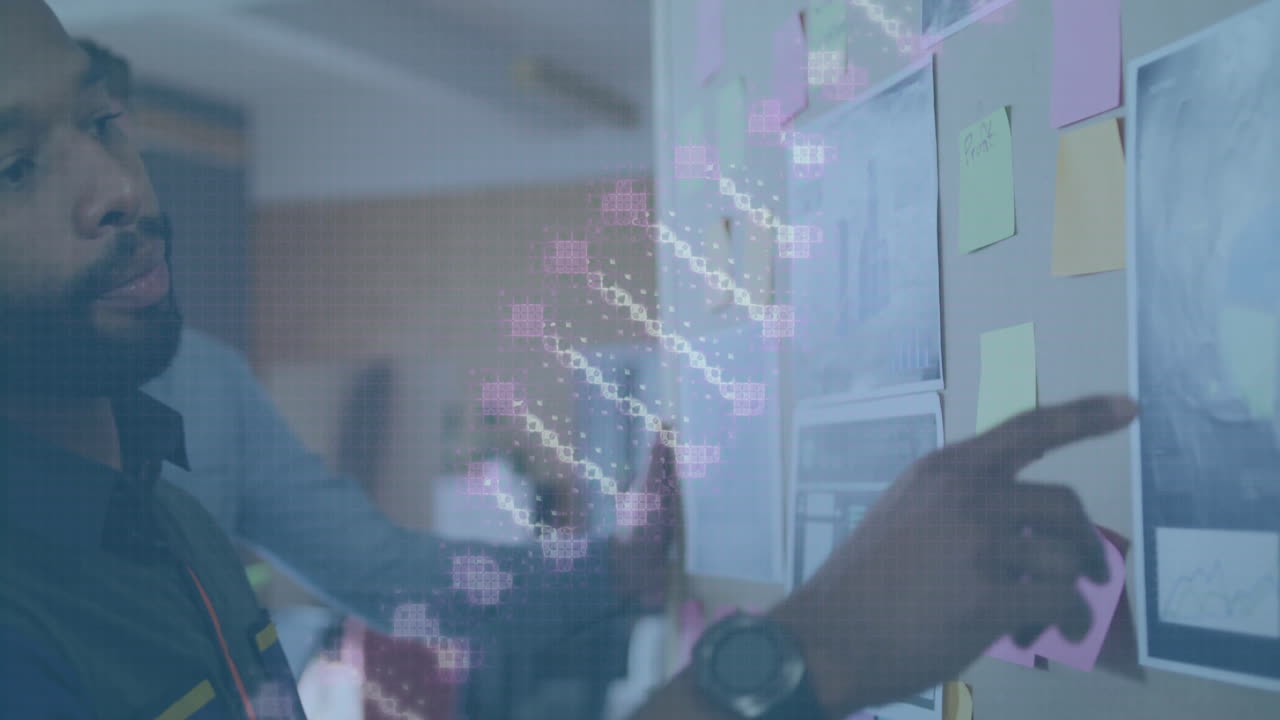 Two coworkers arranging charts in office planning, featuring animated graphs and sticky notes