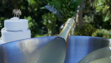 White-cake-and-champagne-bottles-in-bucket-placed-on-table-4K-4k