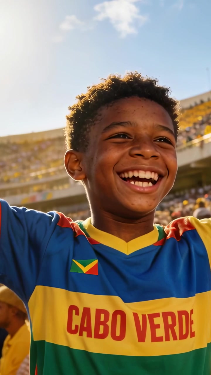 Vídeo vertical: Menino torcendo vestindo camisa de CABO VERDE, levantando os braços enquanto a multidão explode no estádio.