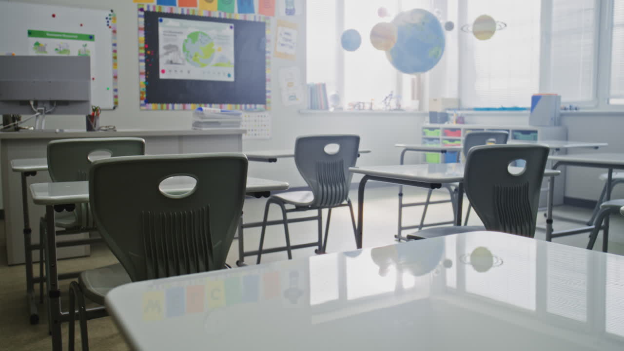 Interior of Modern Empty Elementary School Classroom with Desks for Students