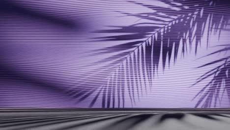 palm leaf shadows on ribbed purple wall and floor. minimalist background scene. tropical summer and vacation concept. design for wallpaper, banner, header, poster. front view with copy space