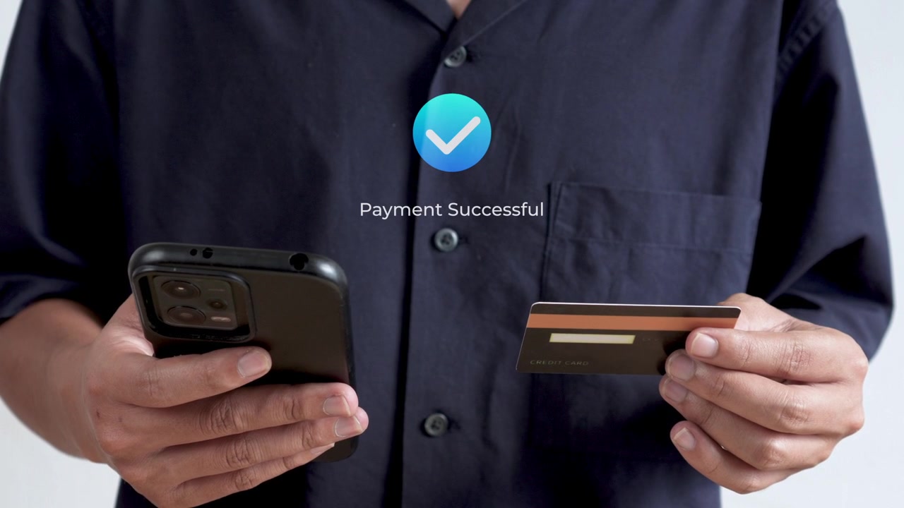 Casual Man use smart phone and credit card for Direct peer-to-peer bank payment transfer processing