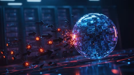 a stunning visual of an energetic orb encountering data streams, creating a dynamic fusion of light and motion in a futuristic digital landscape