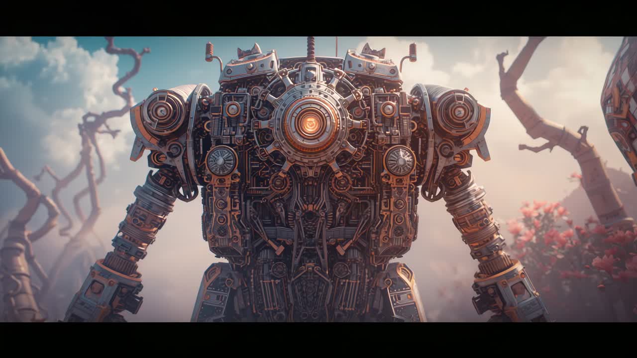 Streaming sunlight passing through clouds highlighting robot torso's glowing core in surreal garden