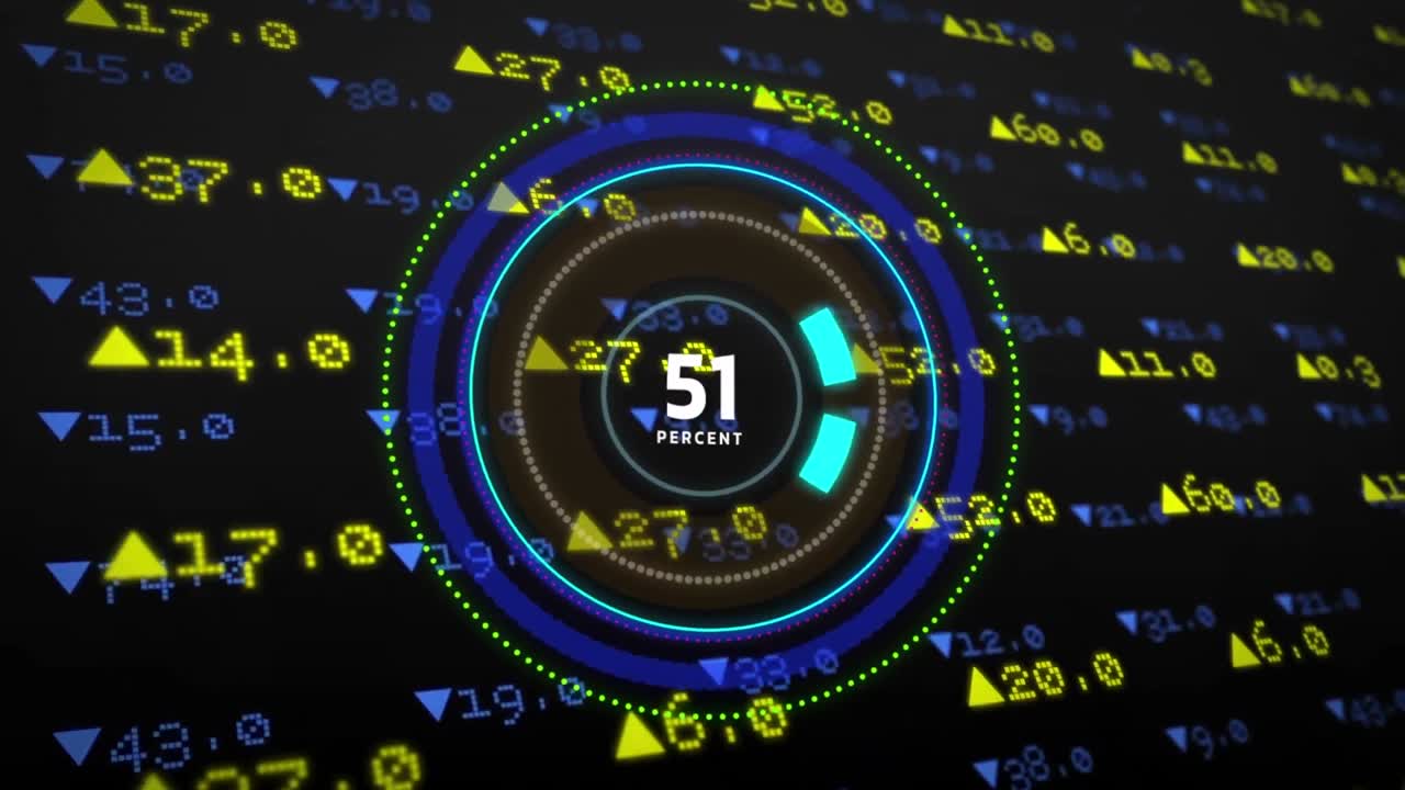 검은색 바탕에 네온 라운드 스캐너를 통해 카운트다운의 애니메이션과 주식 시장 데이터 처리