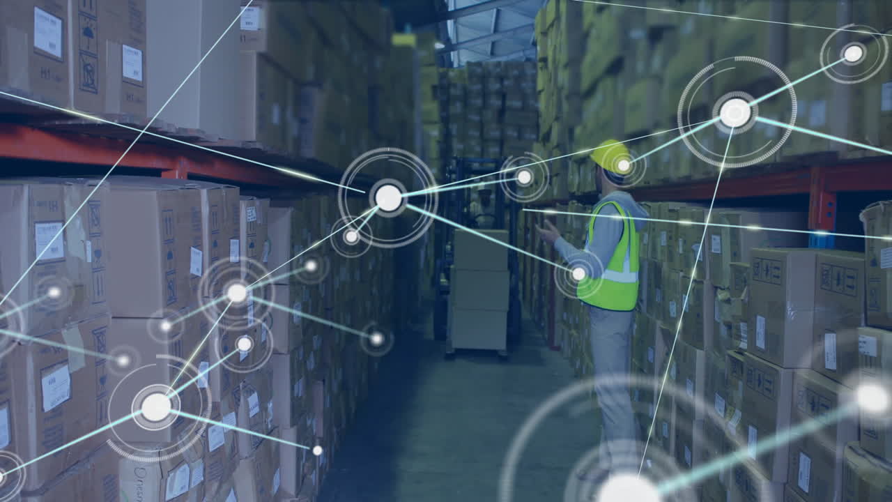 Organizing boxes in warehouse, worker with network connections animation overlay